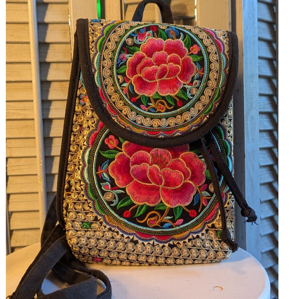 Chinese floral embroidered backpack purse with gold stiches